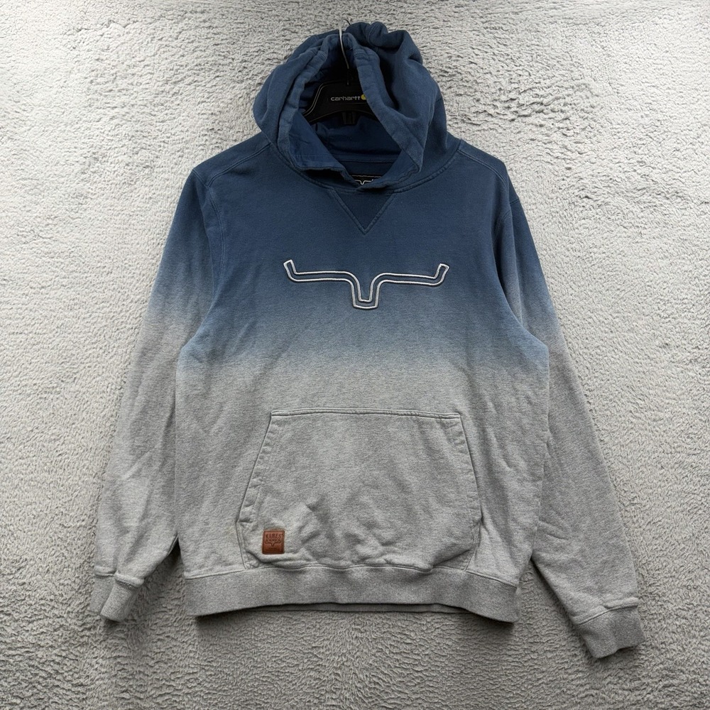 Kimes Ranch Hoodie Mens Medium Blue Fade Dye Raglan Pullover Western Logo Horns